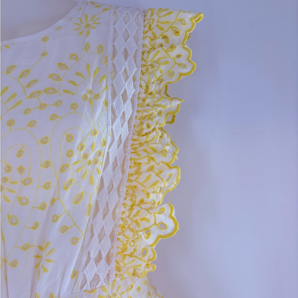 NJ Couture Yellow and White Eyelet Lace Tiered Sundress Ruffles Sunny Size L - Picture 8 of 17